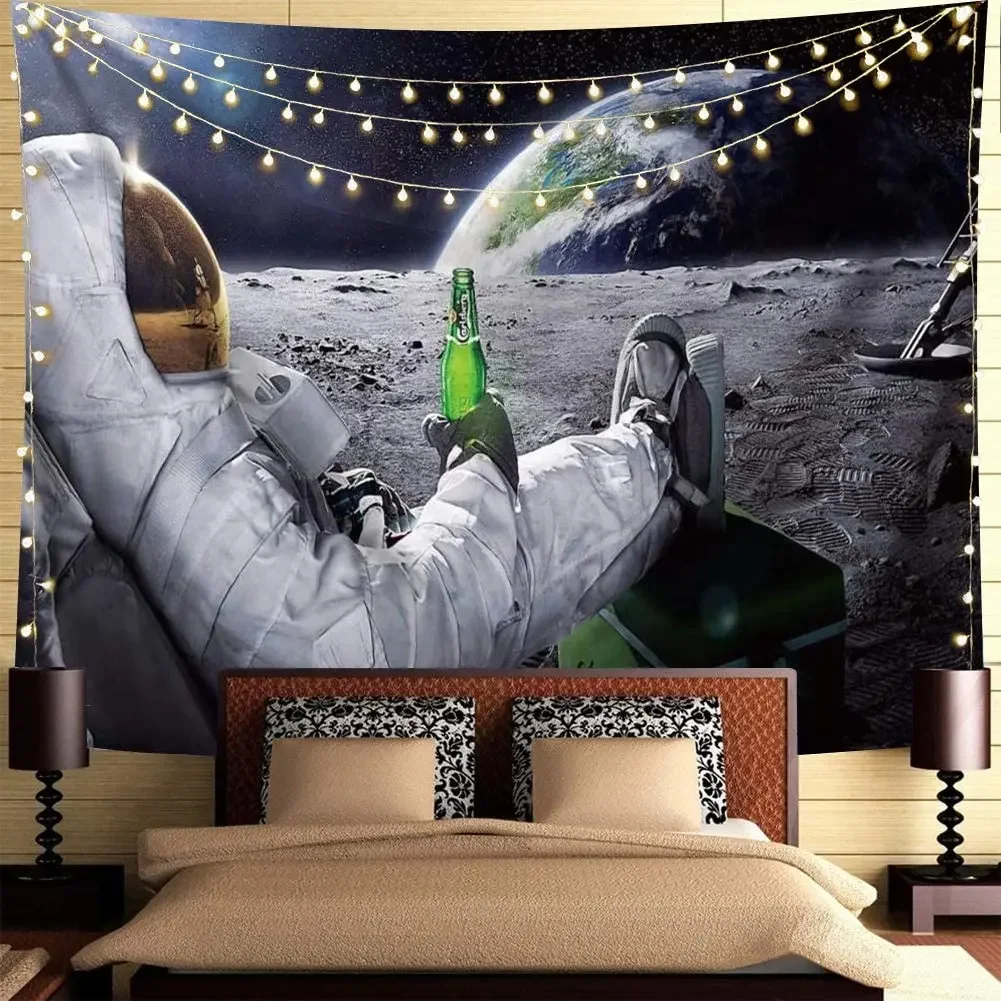 Spaceman and Beer In Outer Space Tapestry Background Wall Covering Home Decoration Blanket Bedroom Wall Hanging Tapestries