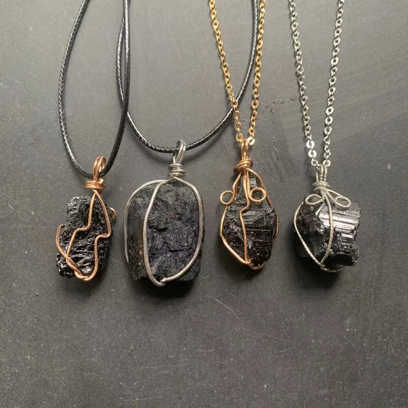 Raw Black Tourmaline Pendant Necklace Wholesale Bulk Rough Stones Copper Wire Wrapped Jewelry Crystals Necklaces 1pc Dropship
