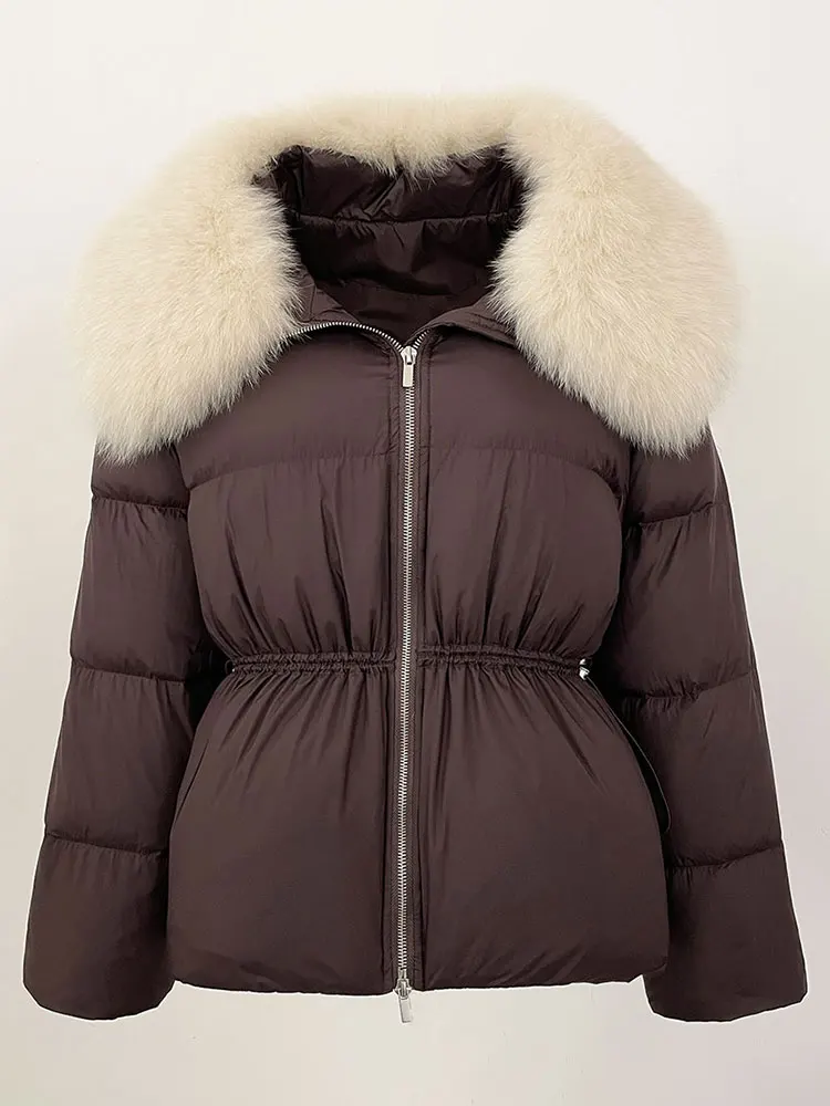 

CXFS Новое зимнее пальто из натурального длинного меха, толстая теплая куртка, женская натуральная куртка из лисьего меха енота, утиный пух, верхняя одежда с отложным воротником, повседневная