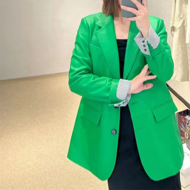 Chaqueta elegante de piel de oveja auténtica para mujer, blazer holgado de un solo pecho con solapa, color verde/blanco, prendas de vestir