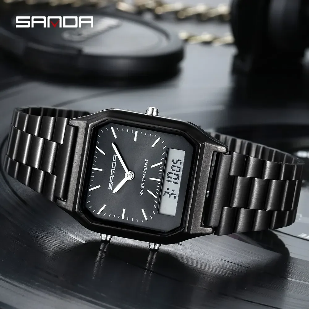 

SANDA 2024 Luxury Mens Watches Stainless Steel Women LED Digital Dual Display Clock Unisex Waterproof Sports Quartz Watch