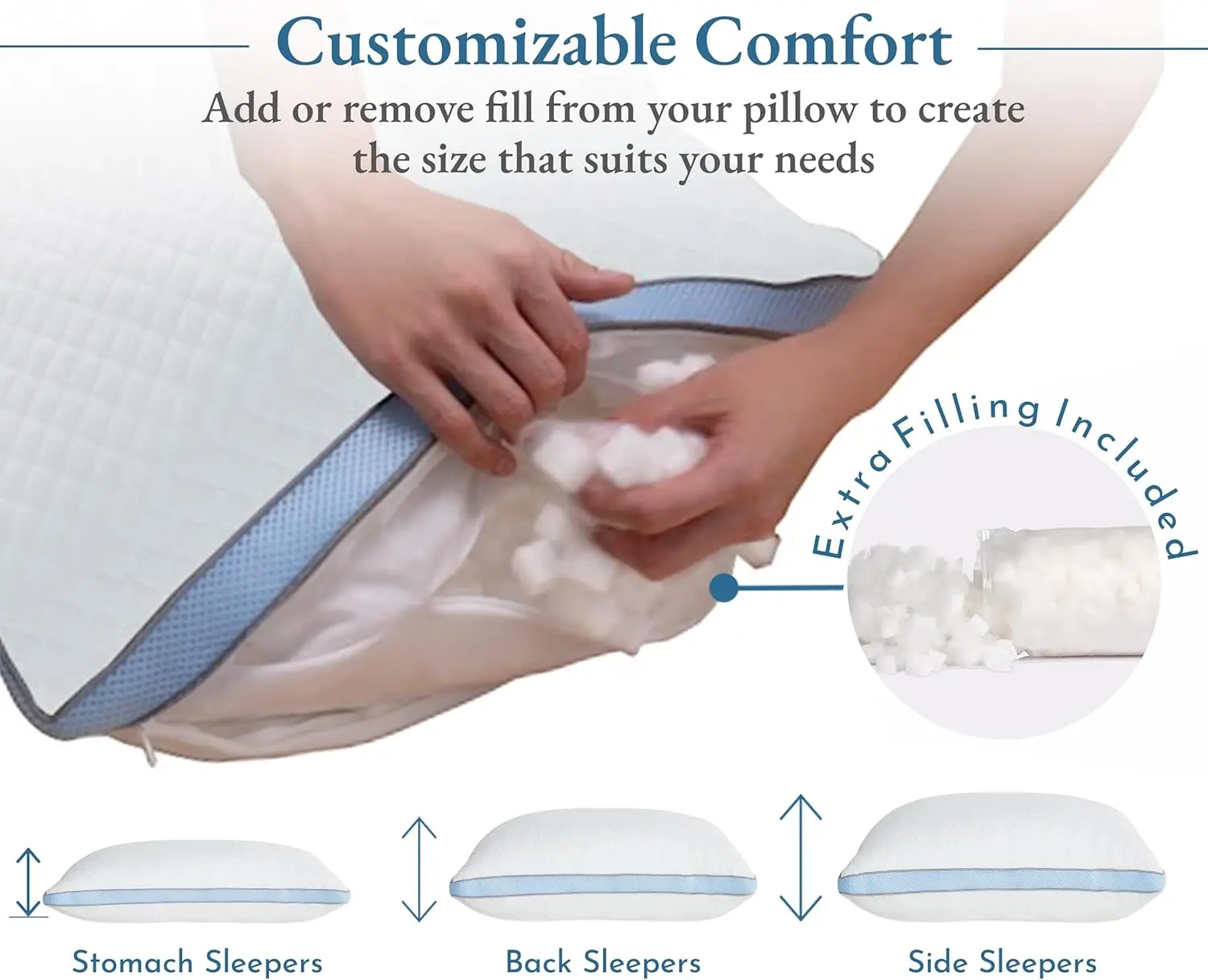 Adjustable Queen Size Pillow - Soft Down Alternative Fill, Adjustable Loft Memory Foam - Cooling Hotel Pillows for Back, Stomach