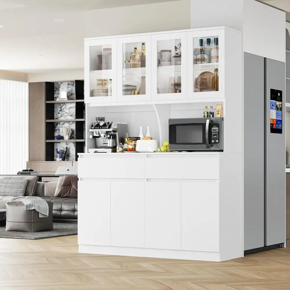 

Белый кухонный шкаф-буфет 75 дюймов с стеклянными дверцами и выдвижными ящиками, широкий китайский шкаф-буфет 55 дюймов с подставкой для микроволновки и кофейным столиком