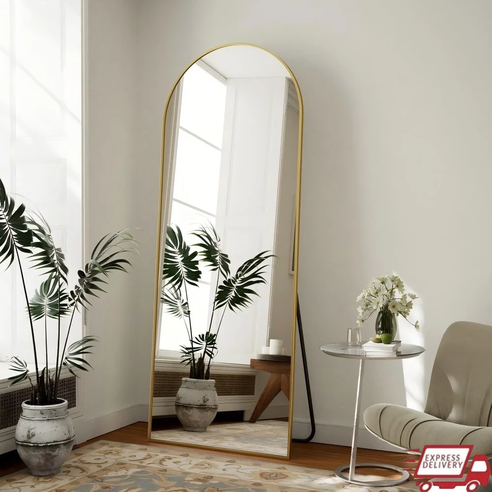 

Arched Full-Length Mirror Free-standing Aluminum Frame Shatter Resistant HD Glass Elegant Design Bedroom Living Room Entryway