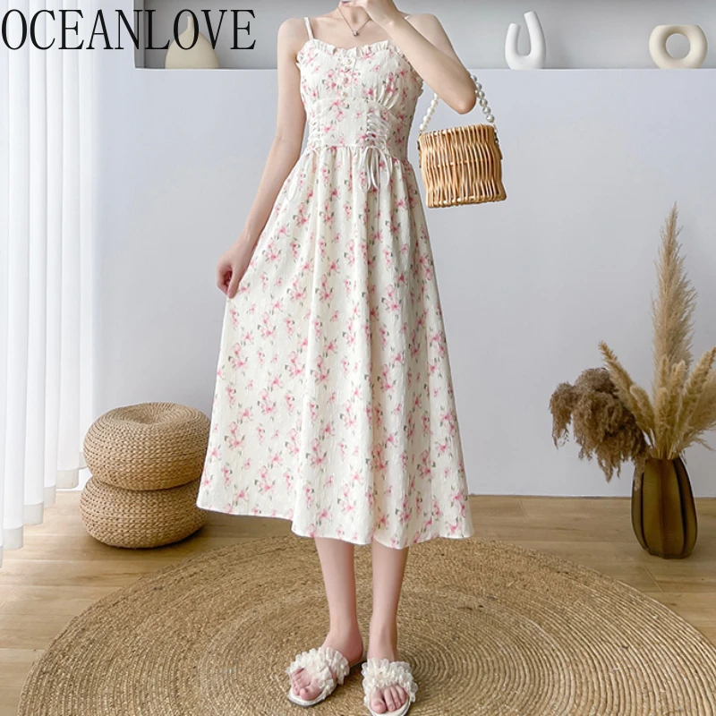 OCEANLOVE Print Floral Long Dresses Spring Summer Sweet A-line Korean Fashion Vestios Mujer Ruffles Sleeveless Women Dress