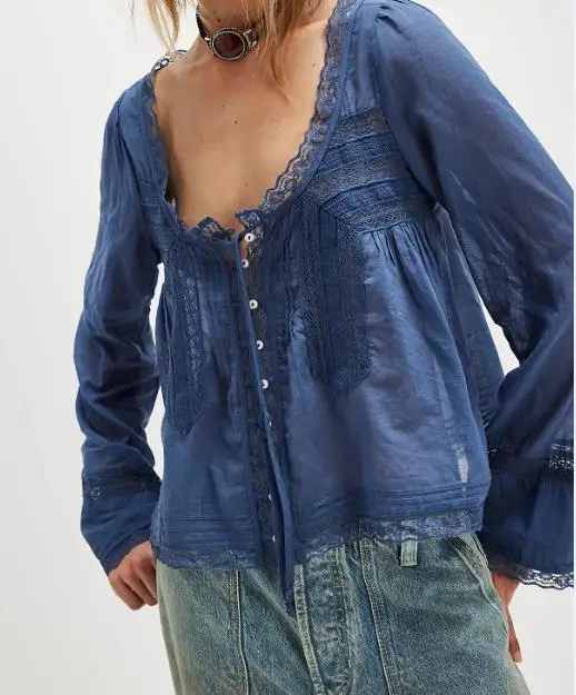 Cotton Lace Blouses Shirts For Women Vintage Free Style Blouse Flare Long Sleeve Boho Beach Hippie Lightweight Ladies top Summer