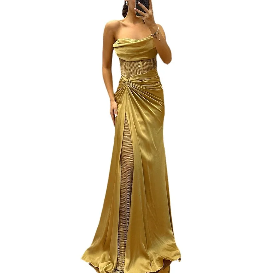 Autumn Fashion Satin Strapless Evening Dress Women Sexy Splicing Diamond Birthday Party Evening Dress Women