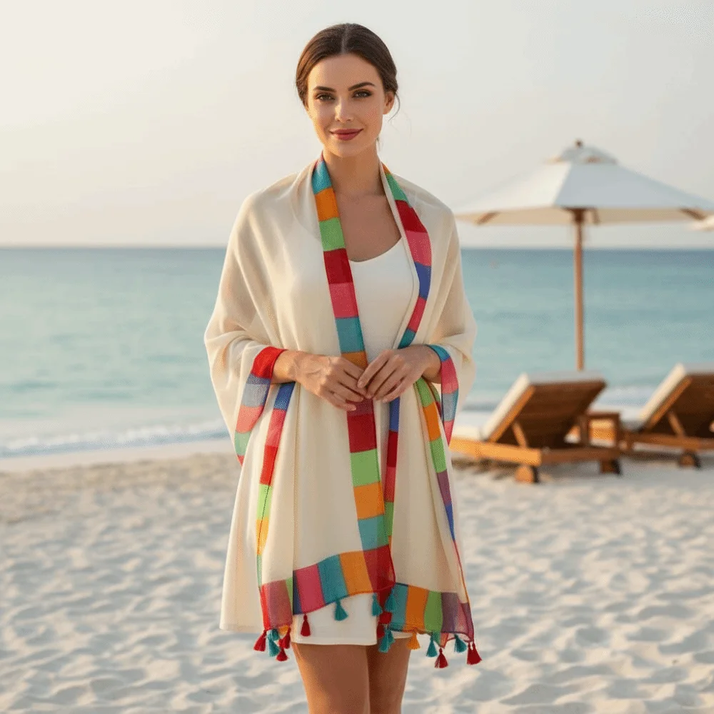 Rainbow-Border Linen Scarf Color-Block Lightweight Beach Wrap Boho-Style Breathable Sunscreen Sarong Sun-Protection