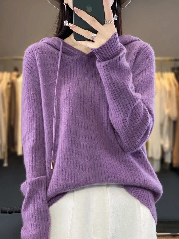 Merino 100% perempuan Sweater wol kasmir rajut Pullover kualitas tinggi musim semi musim gugur Hoodie nyaman hangat pakaian Wanita Atasan