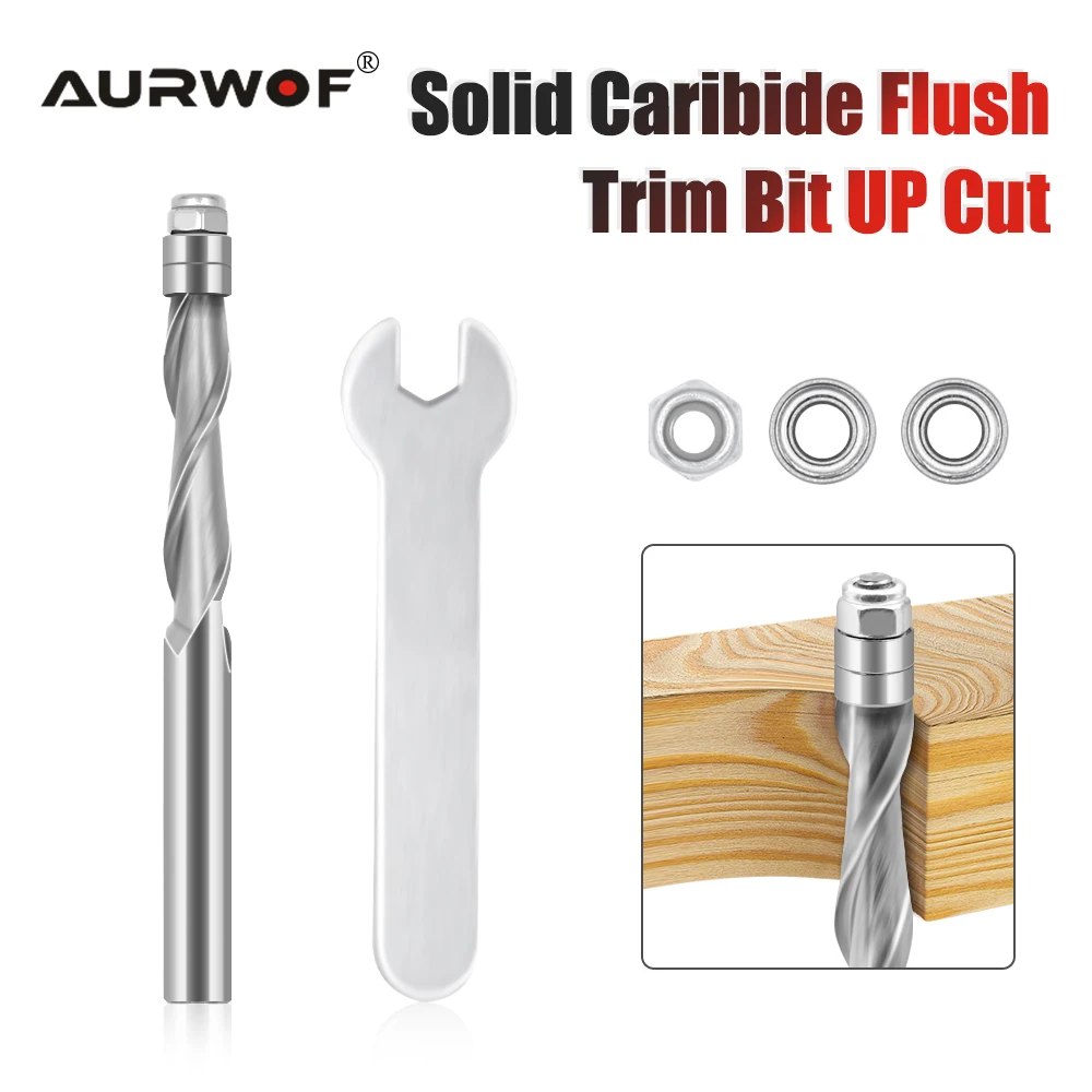 AURWOF 1/4" Shank Upcut Spiral Router Bit Solid Carbide Flush Trim With Replacement Bearings & Wrench 1-1/8" Z07A072976UT5A