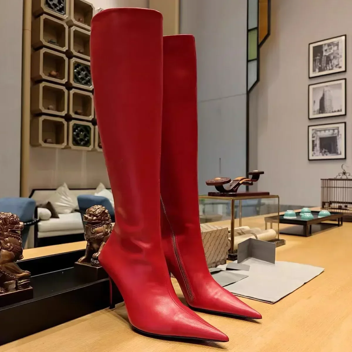 2026New Designer Pointed Women's Stiletto Heels Knee Length Boots, 44 Large Leather Women's Boots with Fashionable Side Zippers