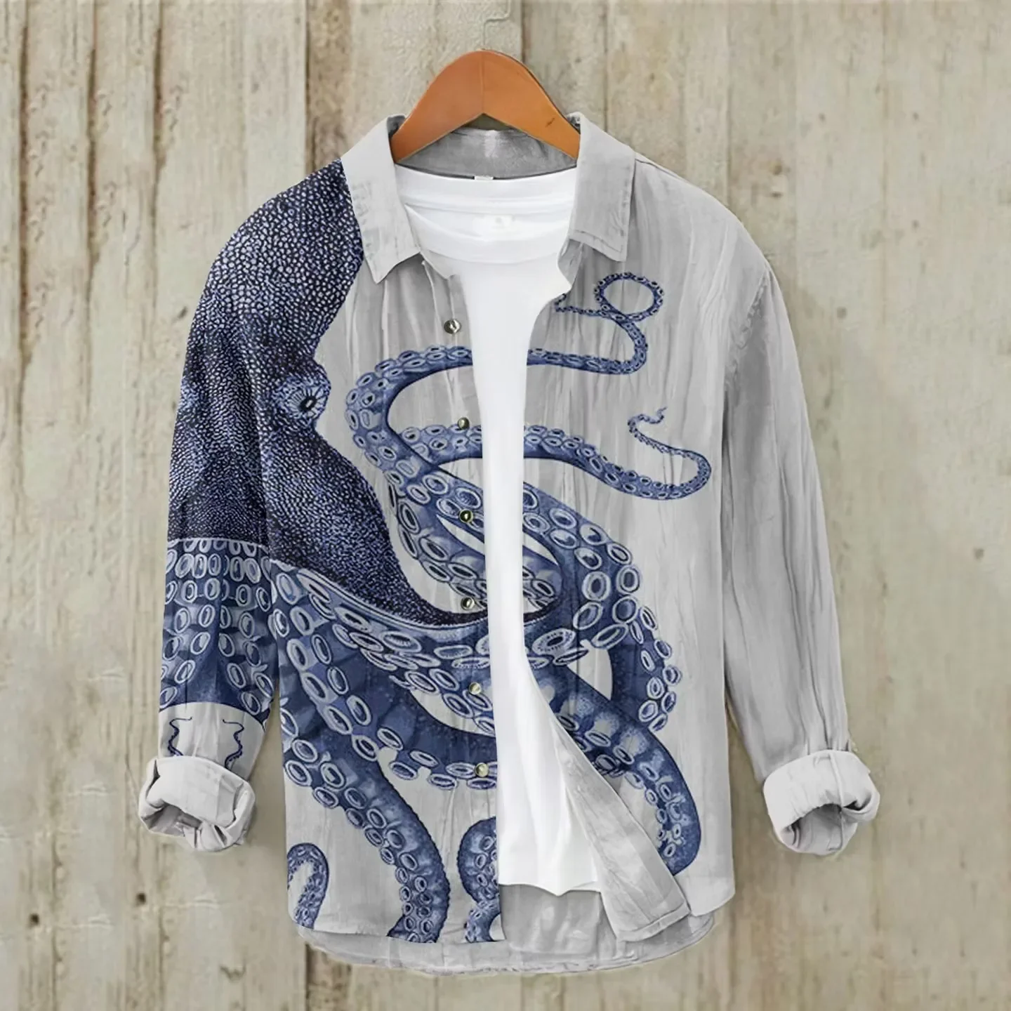Men's long-sleeved casual shirt, beige and apricot collar, New Chinese style calligraphy bamboo print