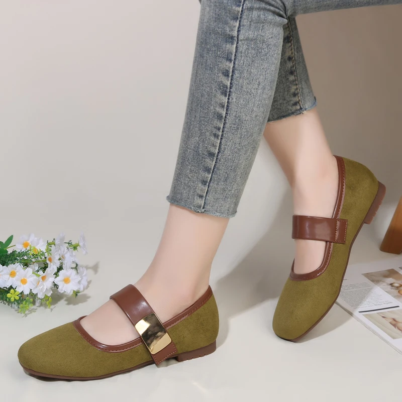 Metal Single Button Flat Shoes for Autumn, New Square Toe Anti Slip Single Shoes