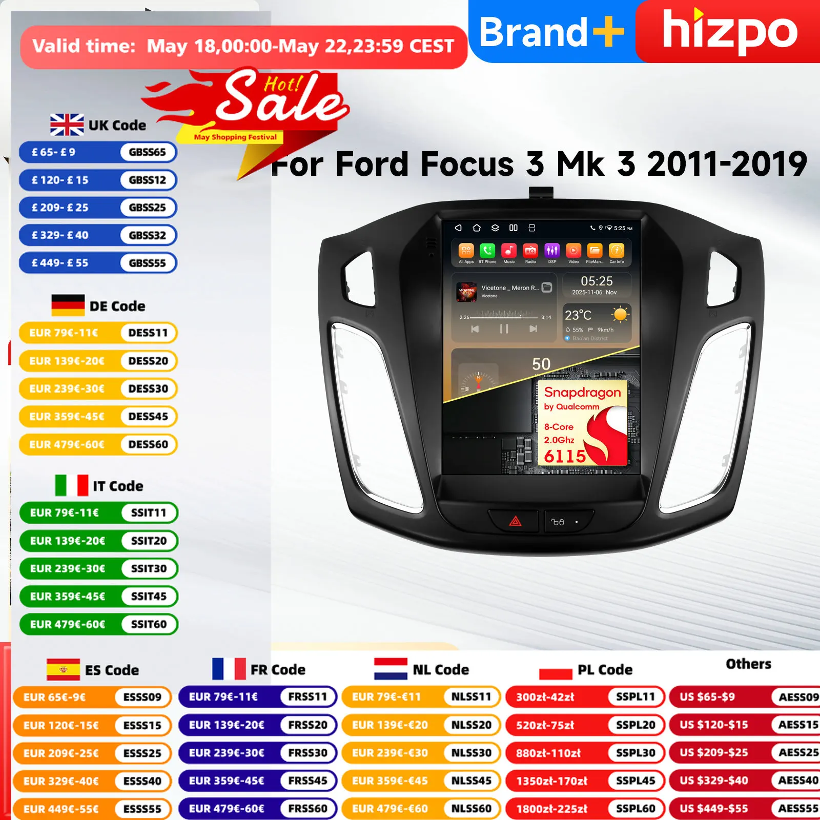 

9.7'' 6115 Android Car Radio Multimedia Video Player For Ford Focus MK3 MK 3 2012-2017 AutoRadio Carplay GPS Carplay Screen