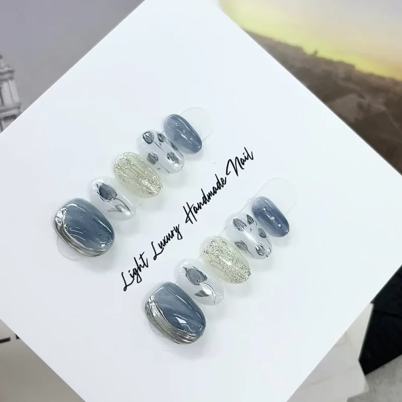 

10pcs Handmade Press on Nails High Quality Short Self-adhesive False Nails Press on Blue Flower Nail Tips Sweet Stick-on Nails