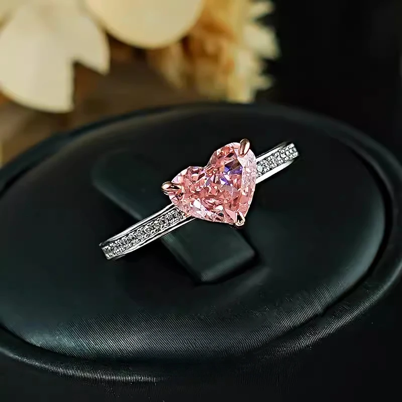 925 silver ring with fairy like pink heart inlaid with high carbon diamond, Redion, crushed ice cut, light luxury jewelry, niche