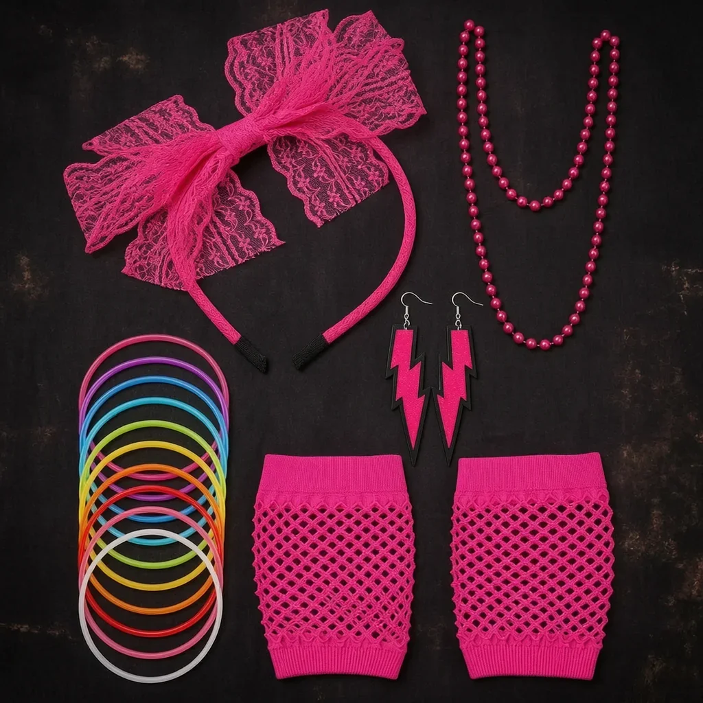 Conjunto de disfraz de fiesta de los años 80 para adultos, accesorios de disfraces de los años 80, falda tutú, guantes de rejilla de neón, collar con cuentas, pulsera y pendientes