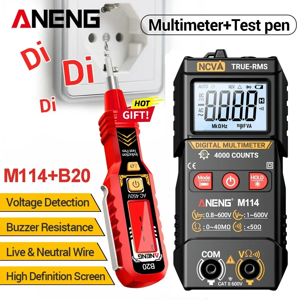 ANENG M114 Digital Multimeter with Free Gift B20 Voltage Detector Pen, Household Electrician Maintenance Test Kit