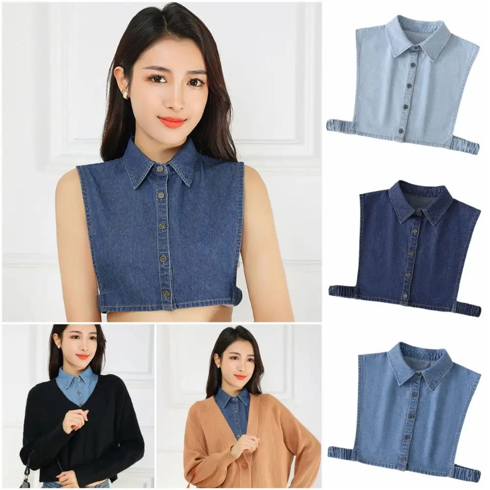 

NEW Blue Denim Fake Collar Cotton Elasticity Straps Detachable Collar Lapel Buttons Clothes Accessories False Collar Women