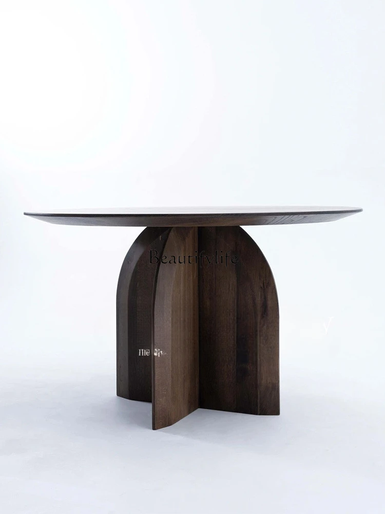 

Italian minimalist dining table Nordic wabi style retro black walnut solid wood round dining table