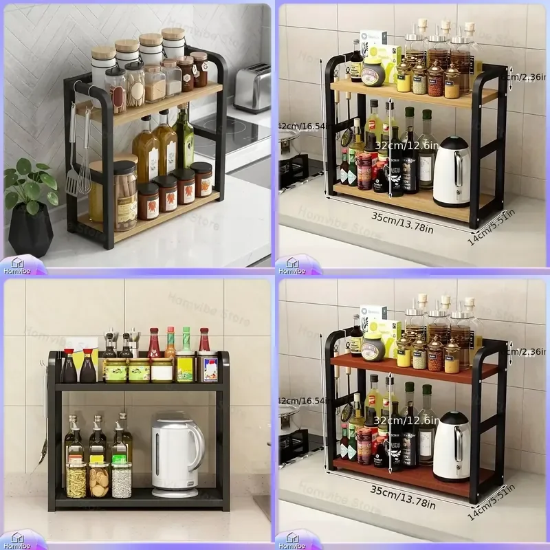 1pc 2 Tier Metal Countertop Shelf Space Saving Kitchen Organizer Rack for Coffee Mugs Spices Condiments Rustproof Storage