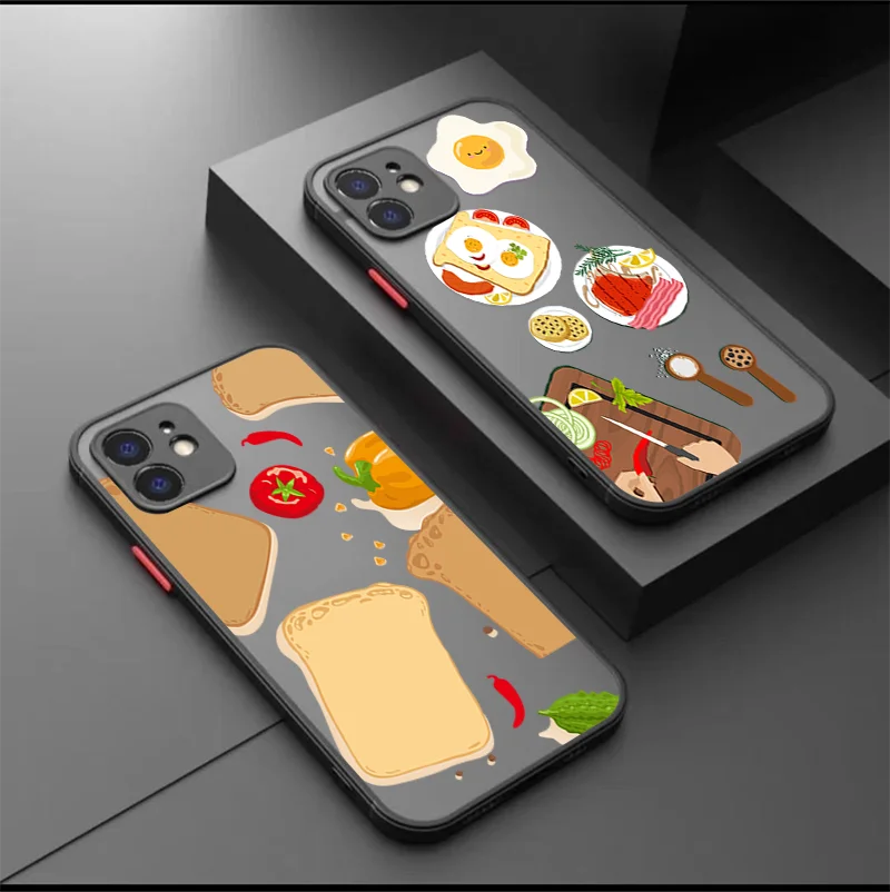 For iPhone 15 14 13 12 11 Pro XS Max X XR 7 8 Plus SE Cheese Girl Steak and bread slices Skin Feel Scrub Phone Cover TPU