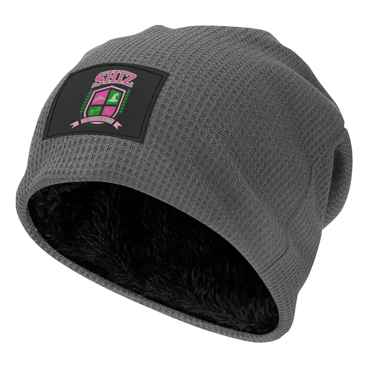 Shiz University Waffle Knit Fleece Lined Beanie with PU Leather Patch Unisex Warm Winter Soft Cap