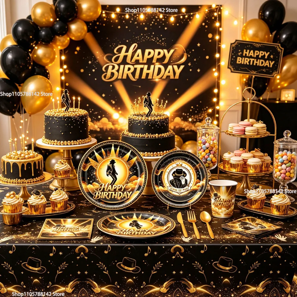 New Michael&Jackson Birthday Party Supplies Retro Music Decor Balloons Tableware Set Cups  Banner Disposable Paper Tray Party