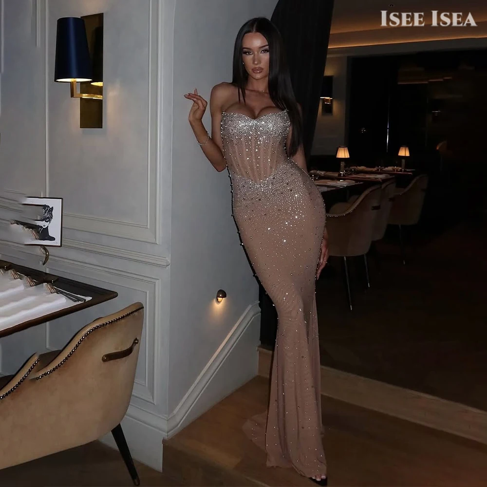 

Crystals Evening Dresses Tulle Sweetheart Prom Gowns robe de soirée Sparkling Mermaid Strapless Red Carpet Dress Customized