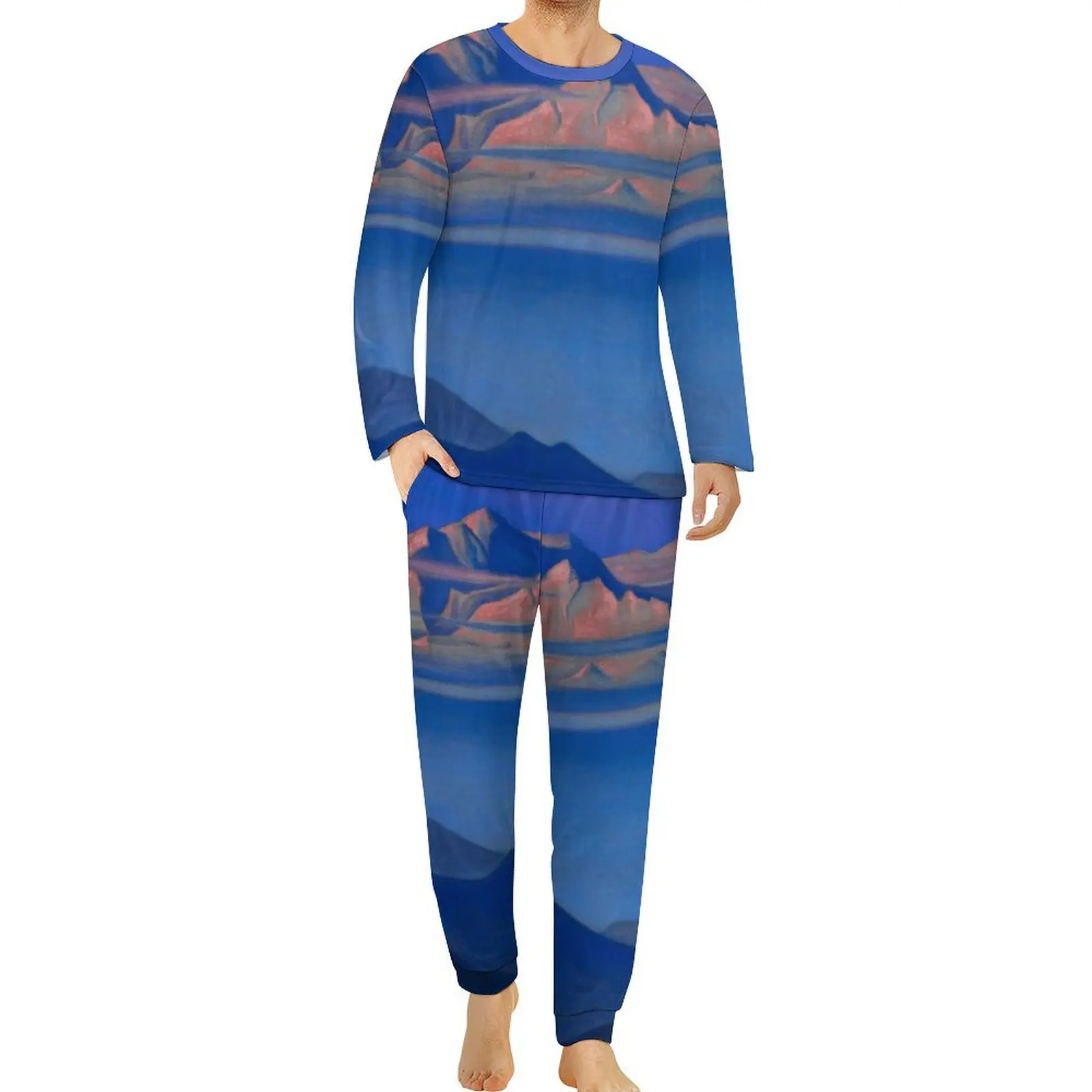 Blue Mountain Print Pajamas Nicholas Roerich Mens Long Sleeve Retro Pajama Sets 2 Piece Casual Autumn Printed Nightwear Gift