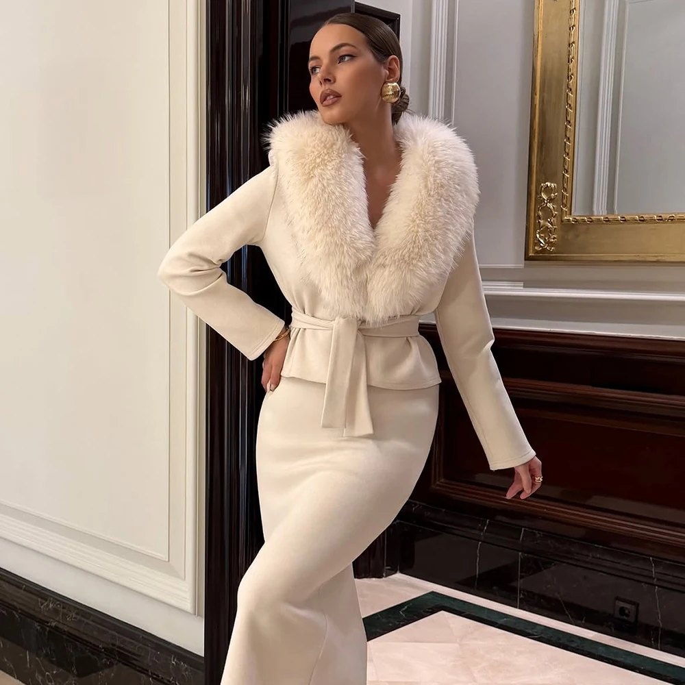 Talenza Luxurious Faux Fur Spliced Women's Jacket Solid Lapel Full Sleeve Lace Up Tie Waist Jackets Winter Elegant Lady Outwear