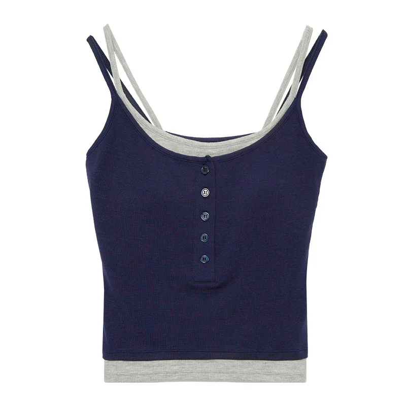 Color Block  Strap Vest Integrated Inner Wear Outerwear Sweet Style Button Splice Cotton Polyester with Chest Pad Women's...