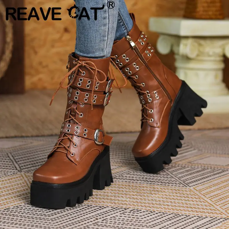 REAVE kot Punk damskie krótkie buty z kwadratowym noskiem 9cm platforma 5cm sznurowany pas klamry duży rozmiar 43 44 Retro Bota