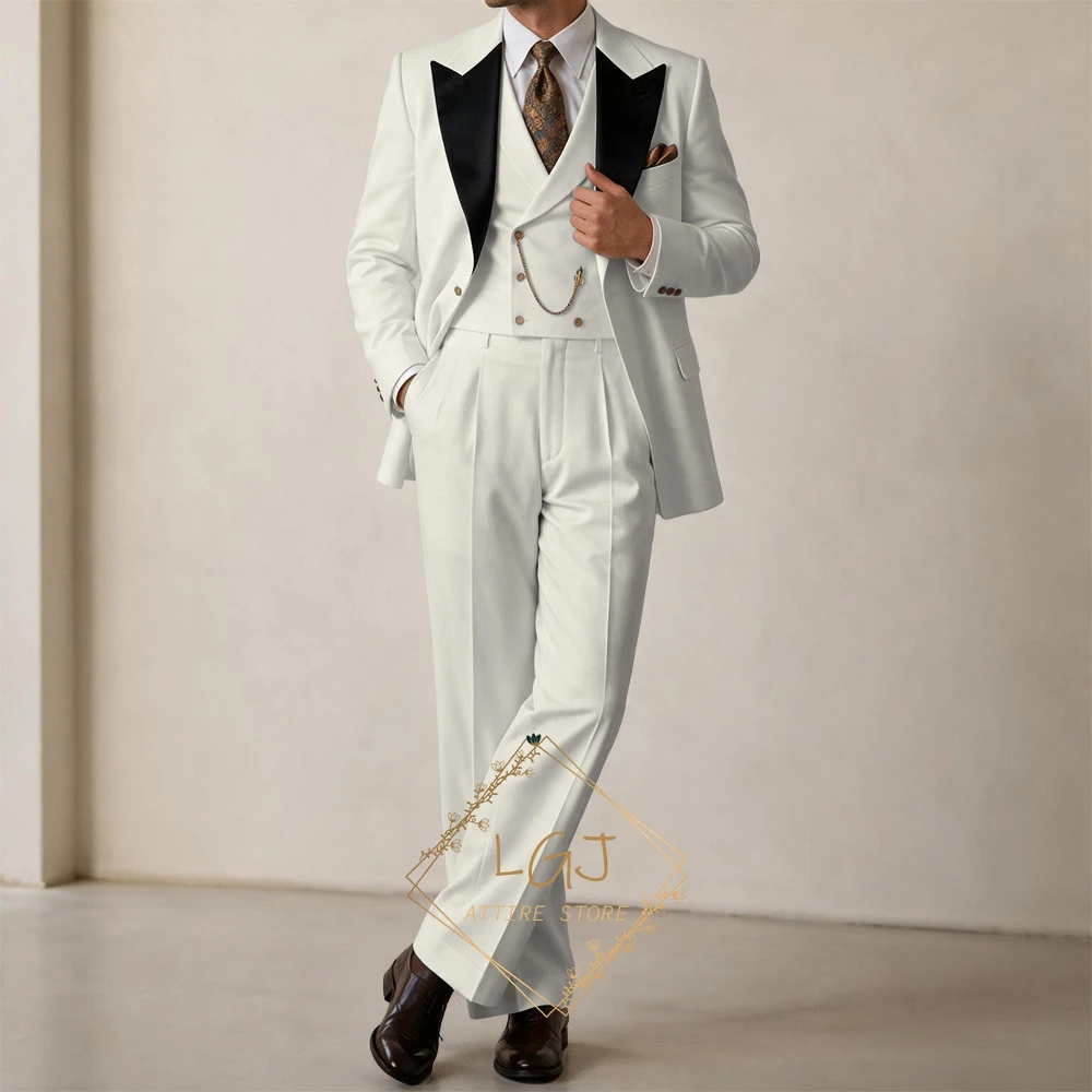 Men Custom 3‑Piece Elegant Tuxedo Suit, Peak Lapel Jacket Waistcoat Pants Set for Cocktail Party Formal Gathering