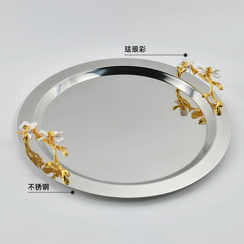 Stainless steel tray round square European flower decorative plate model room wine set cup dining table storage plate ornament