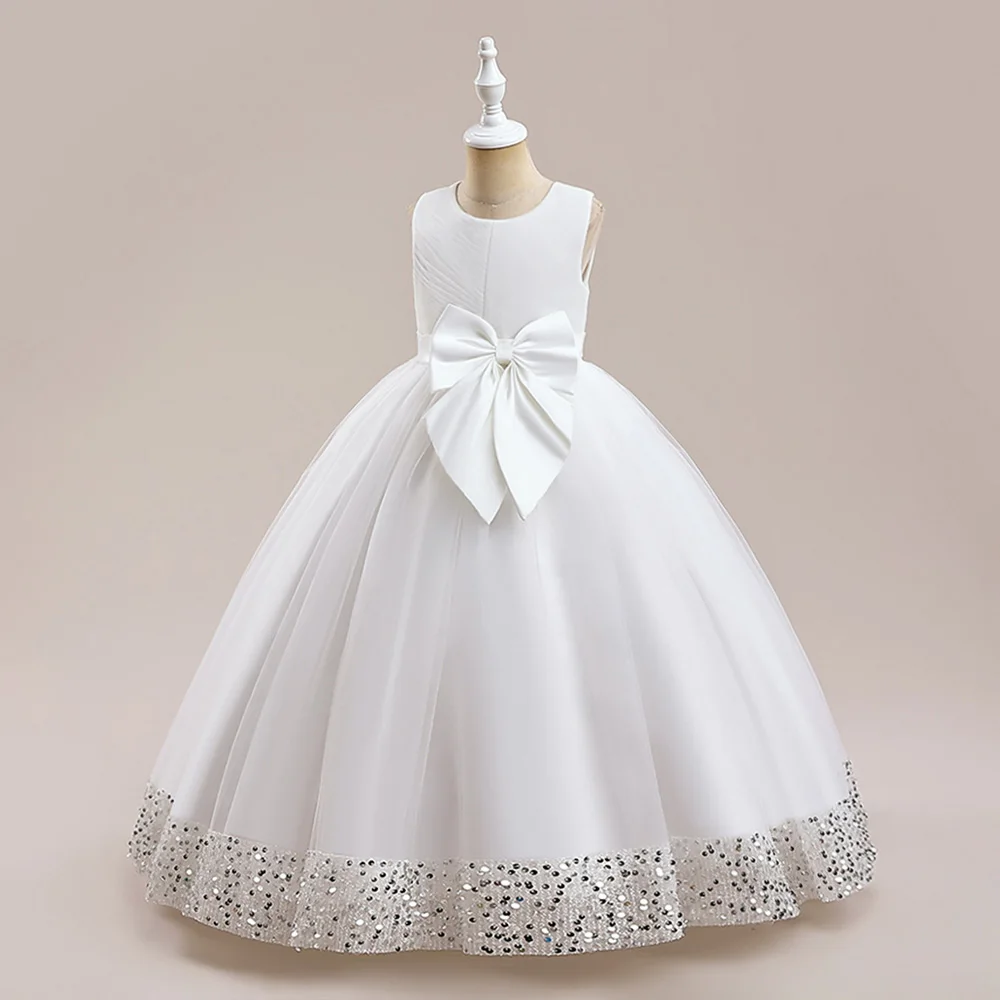 Flower Girl Dresses Gown White Bow Sequin Lace Long Wedding Pageant First Communion Clothes For Children Formal Evening Vestidos