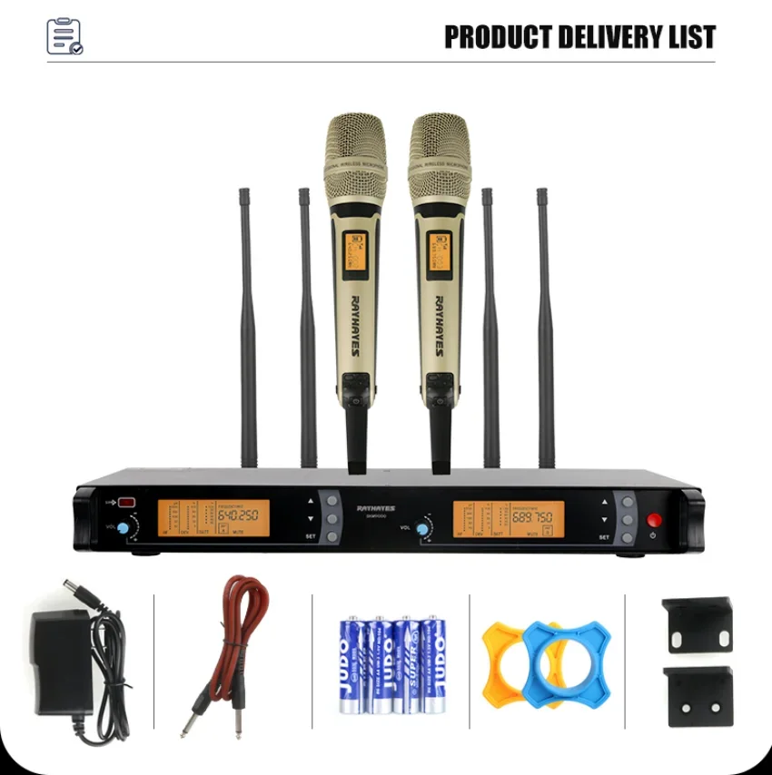 RAYHAYES SKM-9000 UHF Professional Wireless Microphone System 2 Channels Dynamic Handheld Mic for Conference Home Karaoke