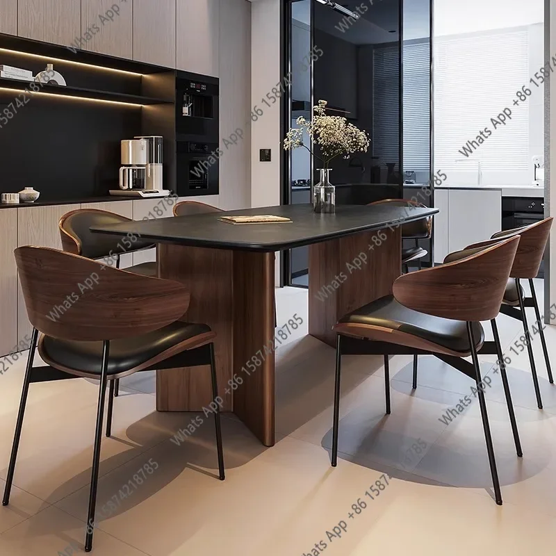 X Retro Style Black Walnut Solid Wood Dining Table And Chair Combination Wabi Sandy Wind Rectangular Small Apartment Rock Slab M