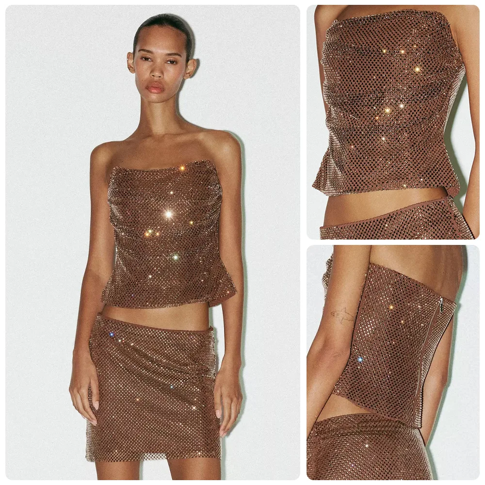 

2026 Pure Desire Tube Top Girl Party Style Rhinestone Mesh Tube Top Set Tube Top Mini Skirt Two Piece Set