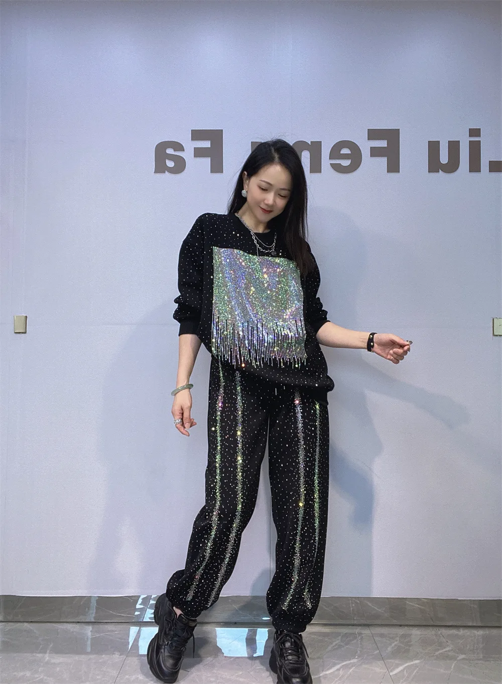 Pailletten Kapuzen Langarm Sweatshirt 2-teilige Hose Sets Frau japanische koreanische Mode lässig übergroße passende Sets Streetwear