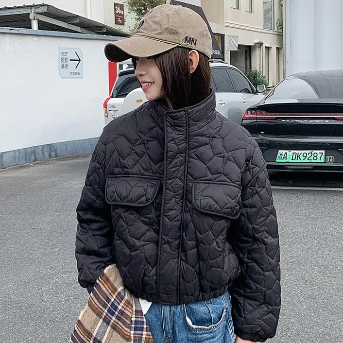 Abrigo de algodón, Chaqueta corta para mujer, chaquetas acolchadas acolchadas de invierno, Parkas, prendas de vestir exteriores, cuello levantado, bolsillos con cremallera, abrigo de oficina para mujer