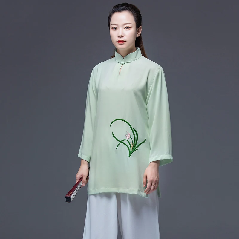 Women's New Summer Embroidered Chinese Style Casual Tai Chi Suit 3/4 Sleeve Starlight Linen for Qigong Martial Arts Practice
