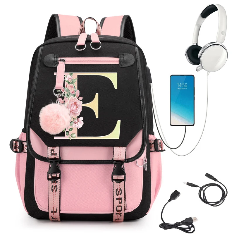 Pink Backpack Graphic Gold Printed Letter Flower A-Z Alphabet Shoulders Bag Teenage Fashion Girl Backpack High School Backpacks