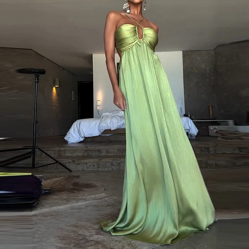 Summer Sexy Slim Pure Color Pleat Evening Dress Elegant Hollow Out Tie Up Dress Fashion Sleeveless Backless Tube Top Party Dress
