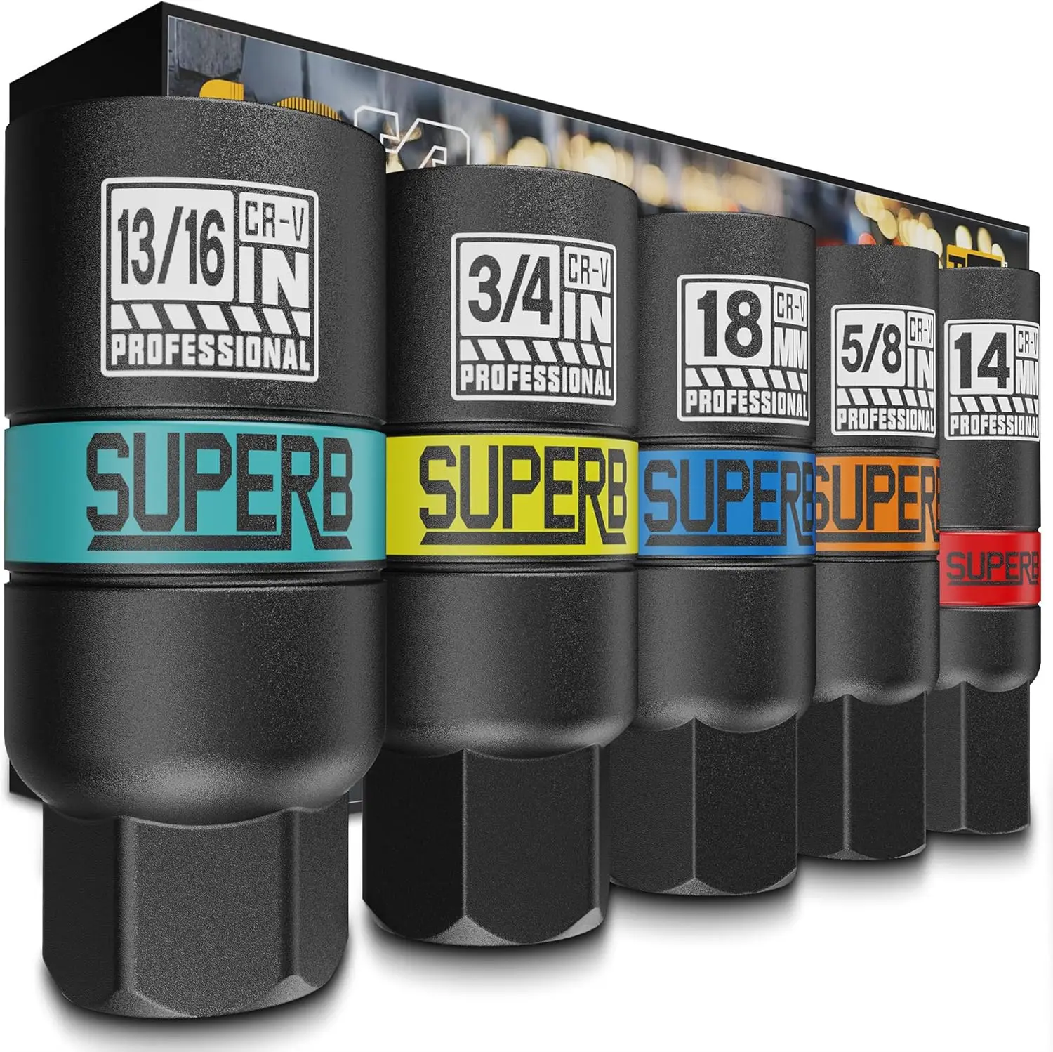 

5-Piece 3/8" Drive Spark Plug Socket Set for Cars, Motorcycles, Small Engines - Thin Wall, 6-Point Design