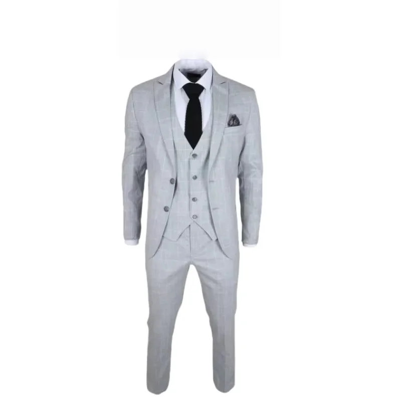 

Men's Grey Checked 3-Piece Suit - Tailored Fit Formal Dress Set with Blazer, Vest & Pants for Wedding, Business, Prom, Office