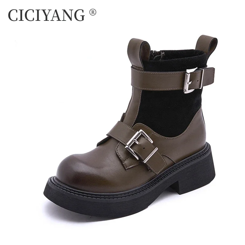 

CICIYANG Marton Boots Women Genuine Leather 2025 New Winter Chunky Woman Ankle Boots British Style Belt buckle Women's Booties