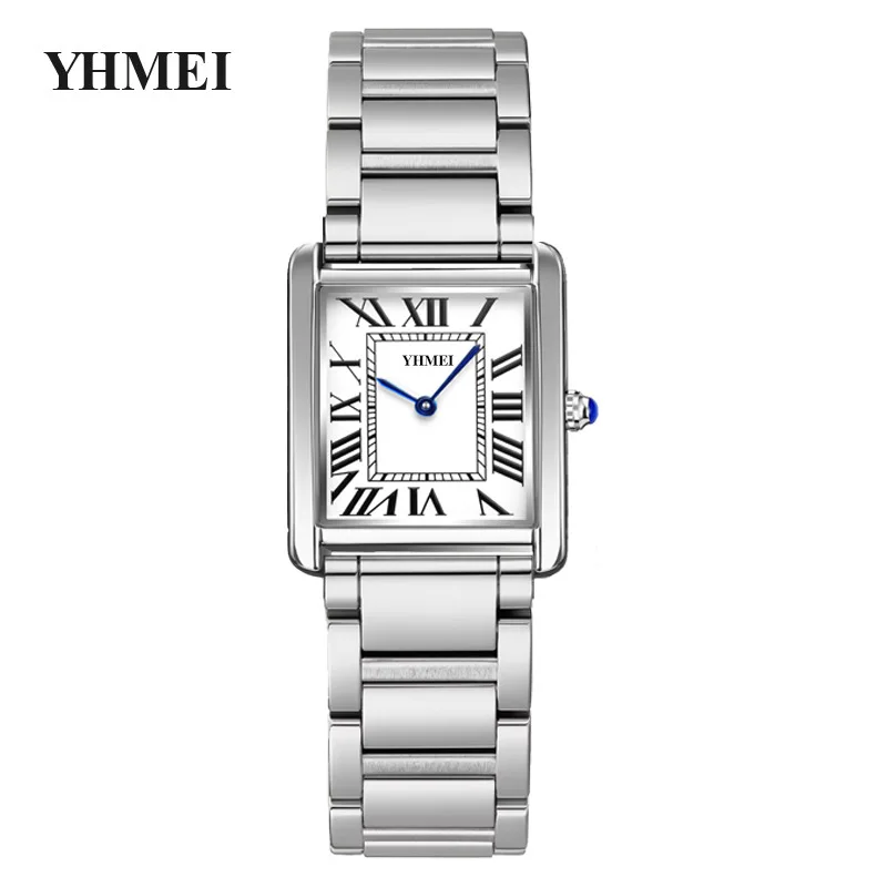 YHMEI Women Quartz Watch Rectangle Square Dial Watches Ladies Luxury Roman Numerals Numbers Wristwatch Classic Style White Clock