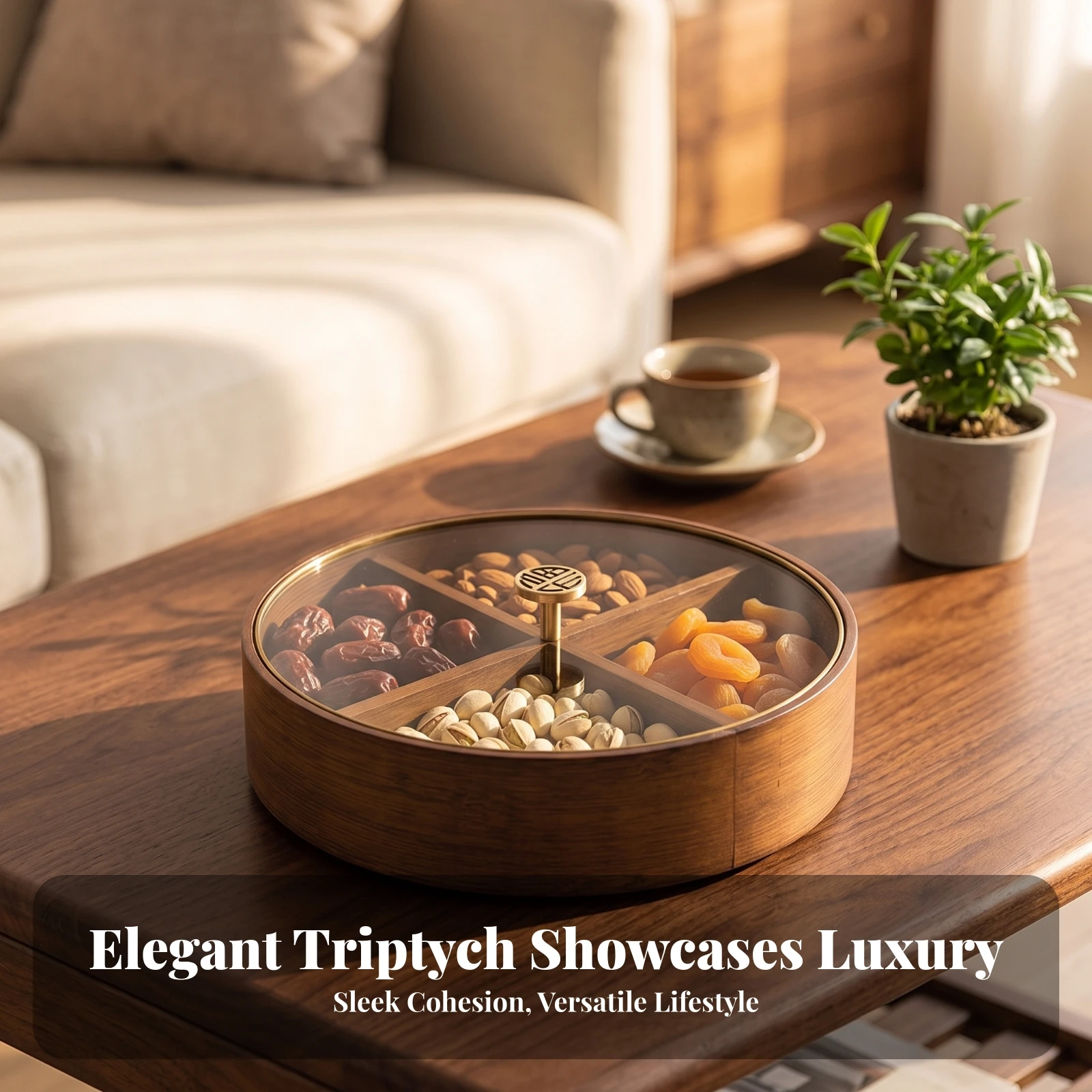 Compartment Box with Lid Wood-Grain Snack Organizer with Glass Lid Snack Organizer Transparent for Hosts, Tea Table, Living Room