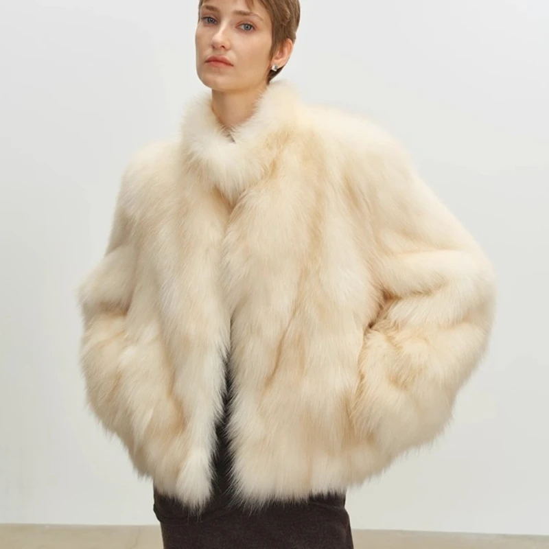 2026 Winter New Fashionable American Elegant Fox Fur Grass Jacket Women's Look Thin Stand Up Collar Casual Loose Thick Fur Coat